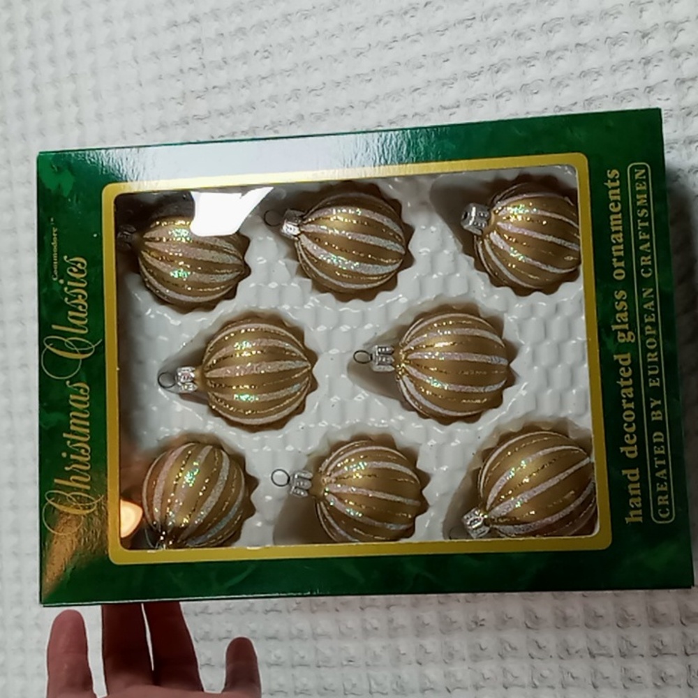 Vintage Commodore Christmas Classics Gold/Pink Glass Ornaments Set of 8 Glitter